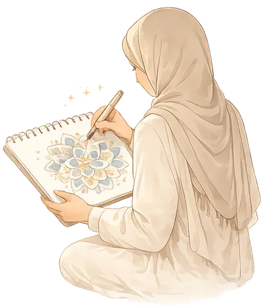 Illustration of a woman in hijab sitting on a prayer mat, drawing a geometric Islamic pattern.