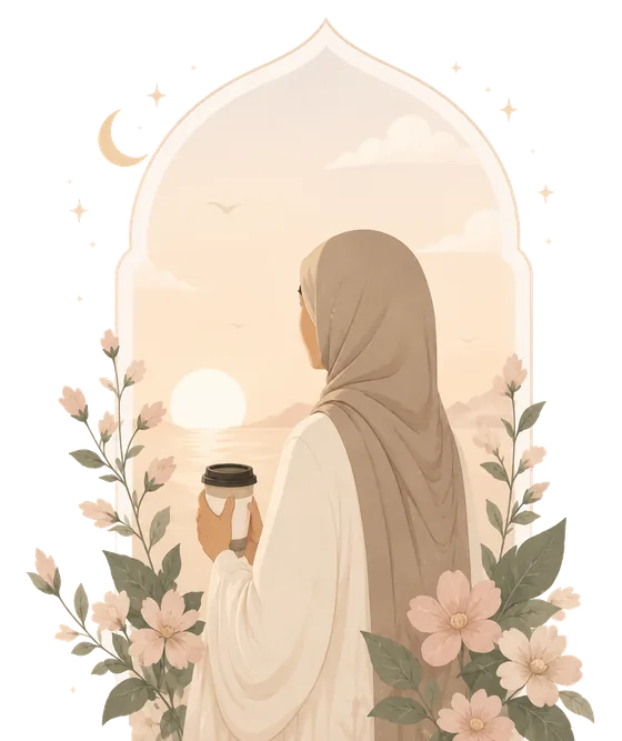 Illustration of a woman in hijab holding a warm drink, looking out through an arched window at sunrise.