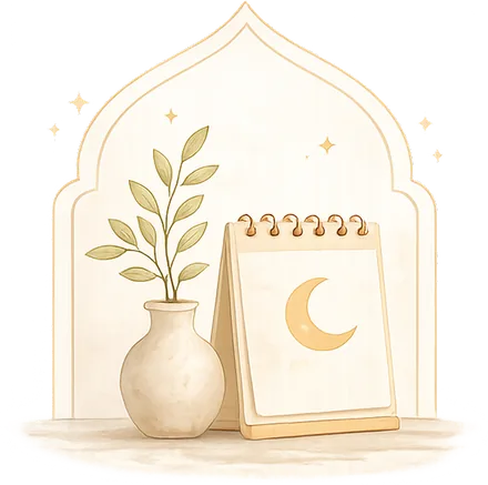 Illustration of a desk calendar showing a crescent moon, beside a vase of leaves under an arch.