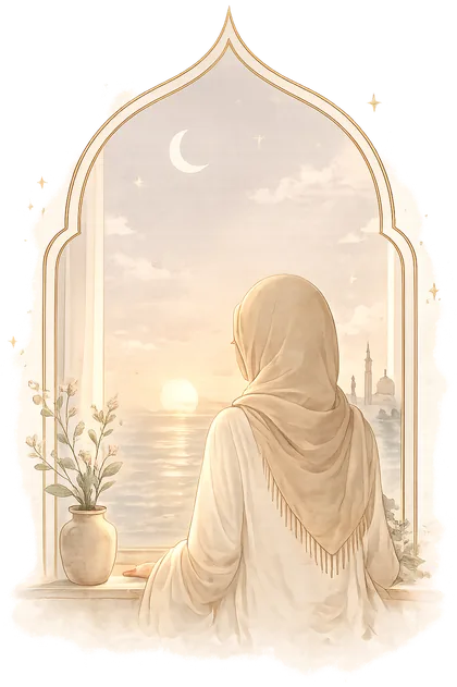 Illustration of a woman in hijab standing quietly by an arched window.